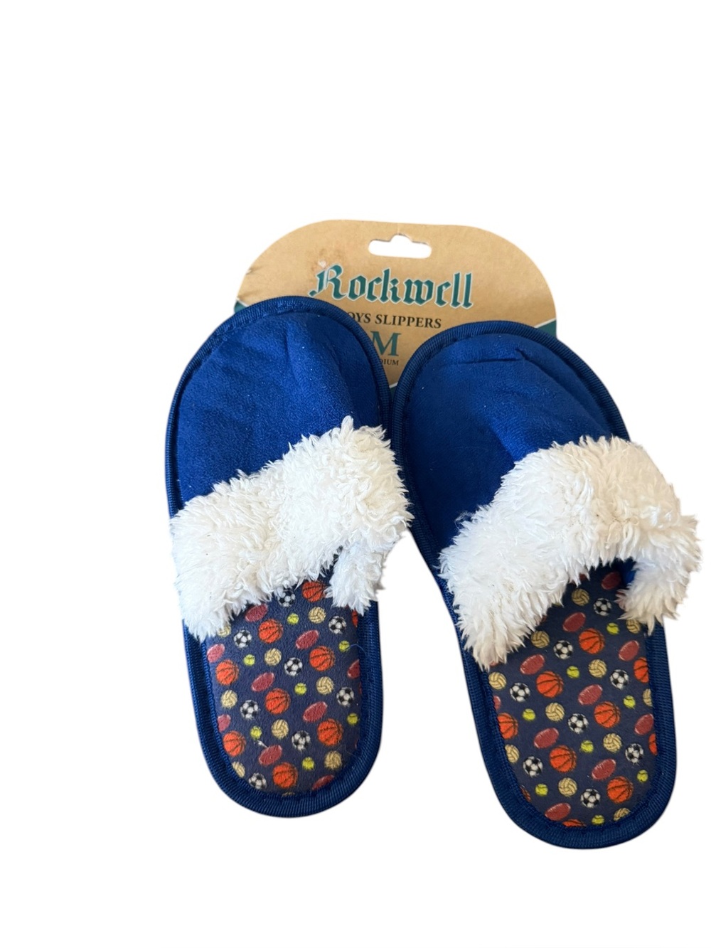 Rockwell Blue & White Fuzzy Sports Print Slippers Medium 1-2